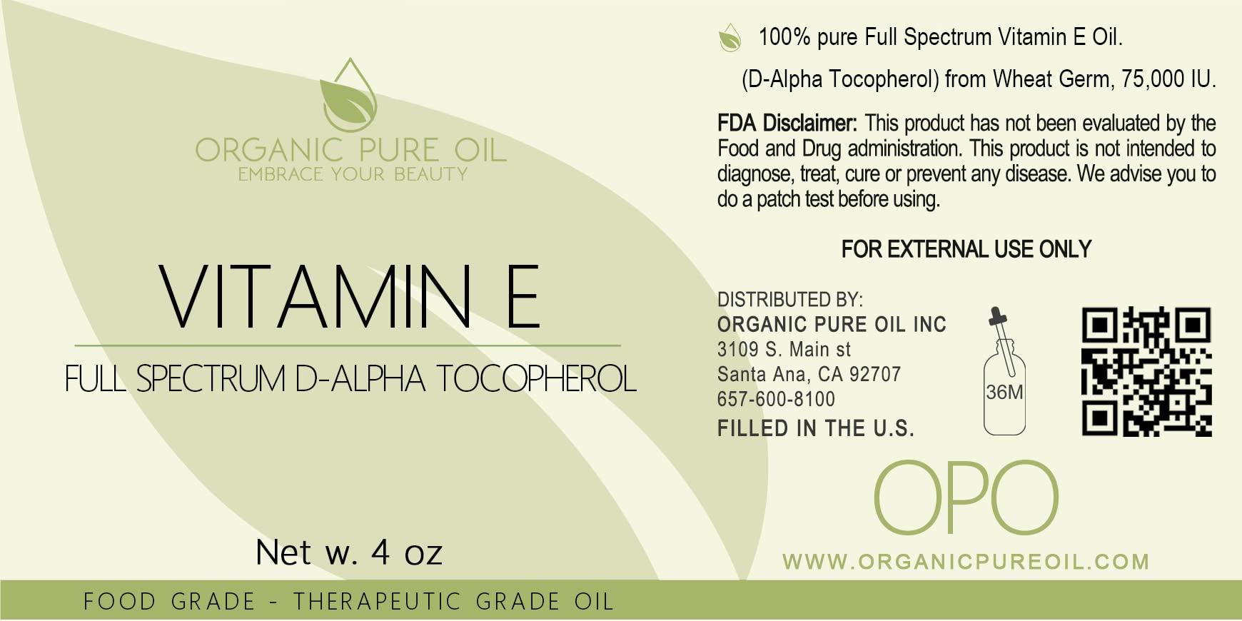 OPO OPO Vitamin E Oil - 100% Pure Full Spectrum D-Alpha Tocopherol 75,000 IU, Derived from Wheat Germ, Soy-Free for Hair Skin Face Body Nails Cuticles Antioxidant, 4 oz (Glass & Dropper)