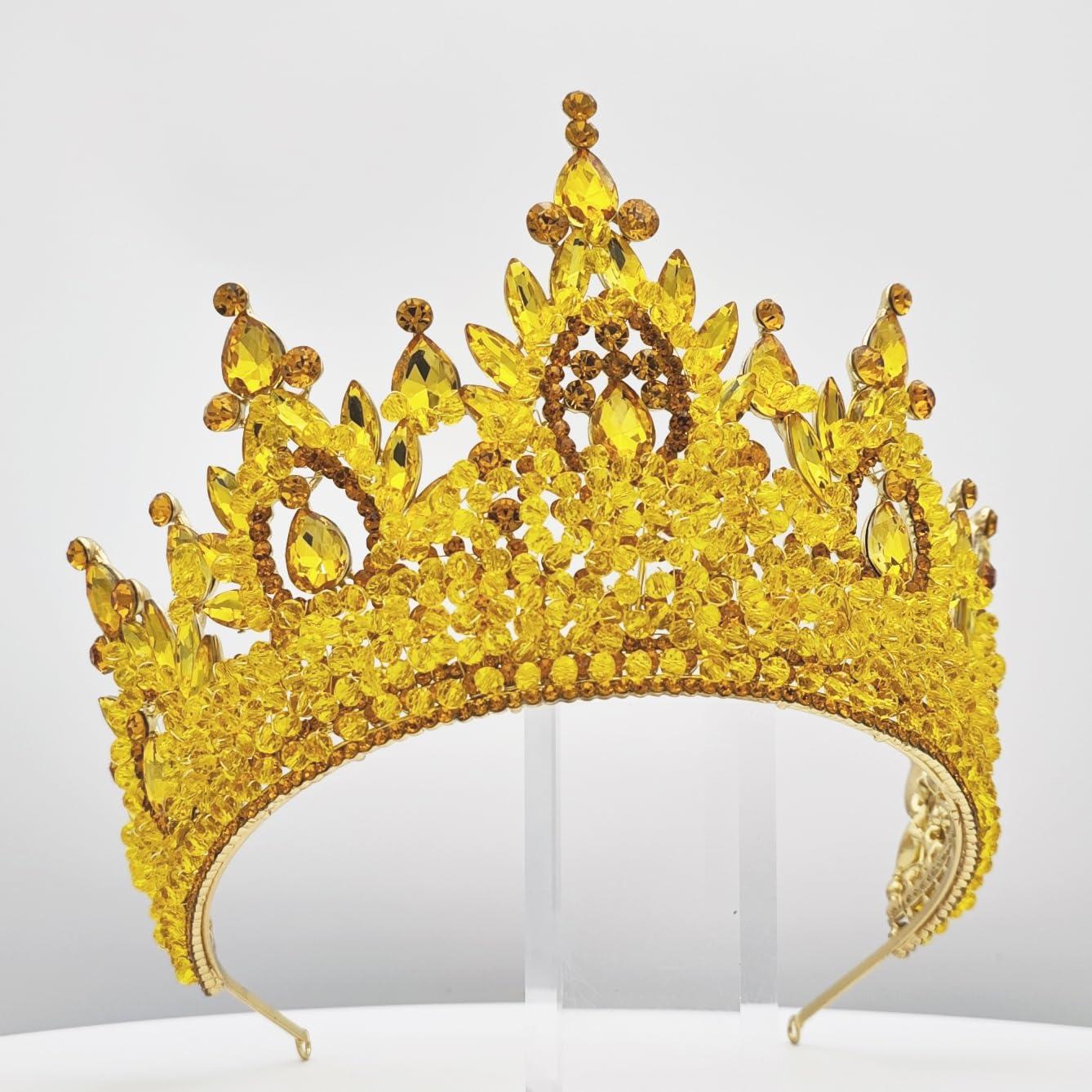 QXMYOO Tall Pageant Crowns for Girls Yellow Stones Royal Queen Tiaras for Adult Extra Large Wedding Headband Princess Quinceanera Prom Costume Cosplay Headpieces