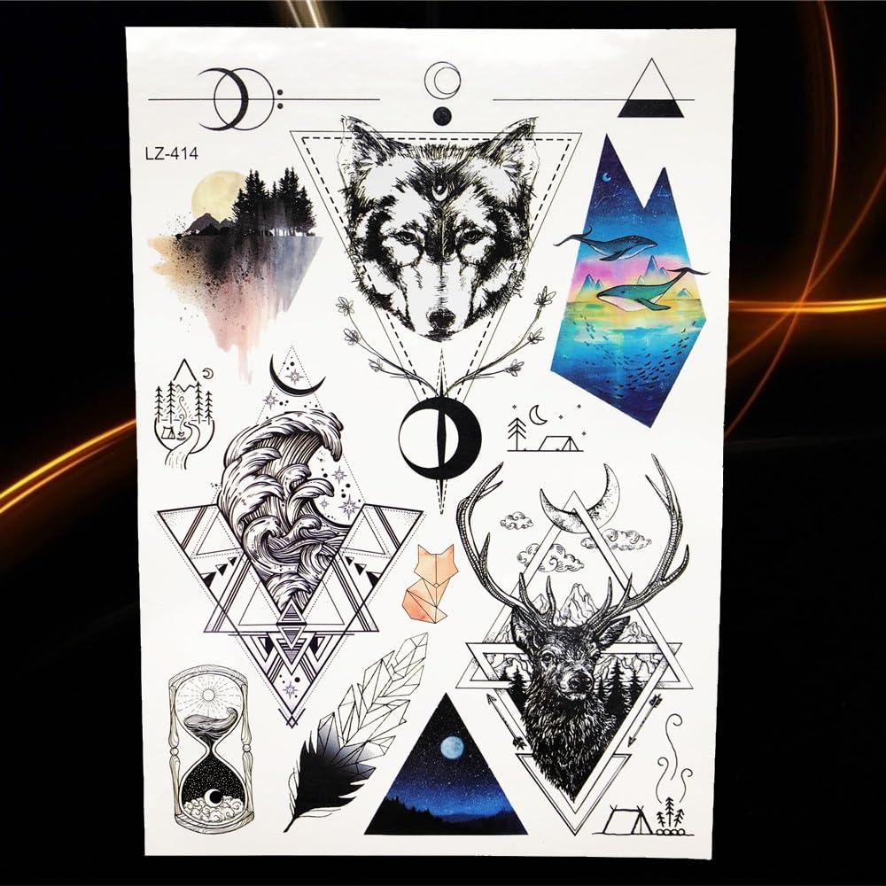 Generic Black Fox Moon Mountain Temporary Tattoo Stickers Waterproof Geometric Flower Wolf Forest Tattoo Women Men Body Arm Tatoo Planet