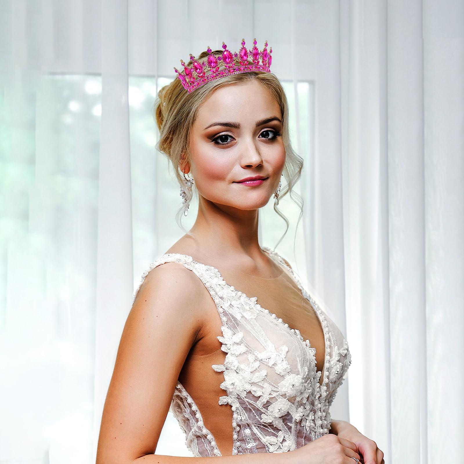 Feltent Tiara Crown for Women Hot Pink Princess Crowns Royal Queen Crowns Wedding Tiaras for Bride Crystal Hair Accessorie for Birthday Halloween Cosplay Christmas Party Prom Gifts