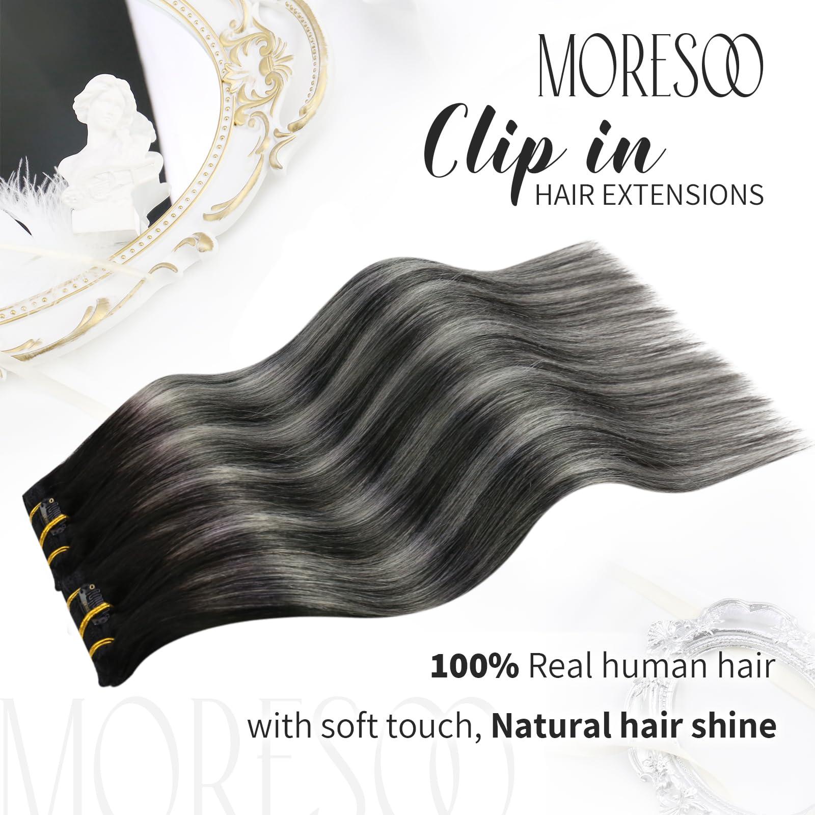 Moresoo Moresoo Seamless Clip in Hair Extensions Human Hair Balayage Black Silver Human Hair Clip in Extensions Ombre Silver 2packs 14inch with 16inch