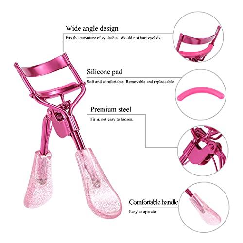 Uranian Uranian Eyelash Curlers Pink Lash Curler with 2 Silicone Refill Pads Glitter Handle Eye Lashes Curler Eyelashes Tool for Women and Girls (Pink)