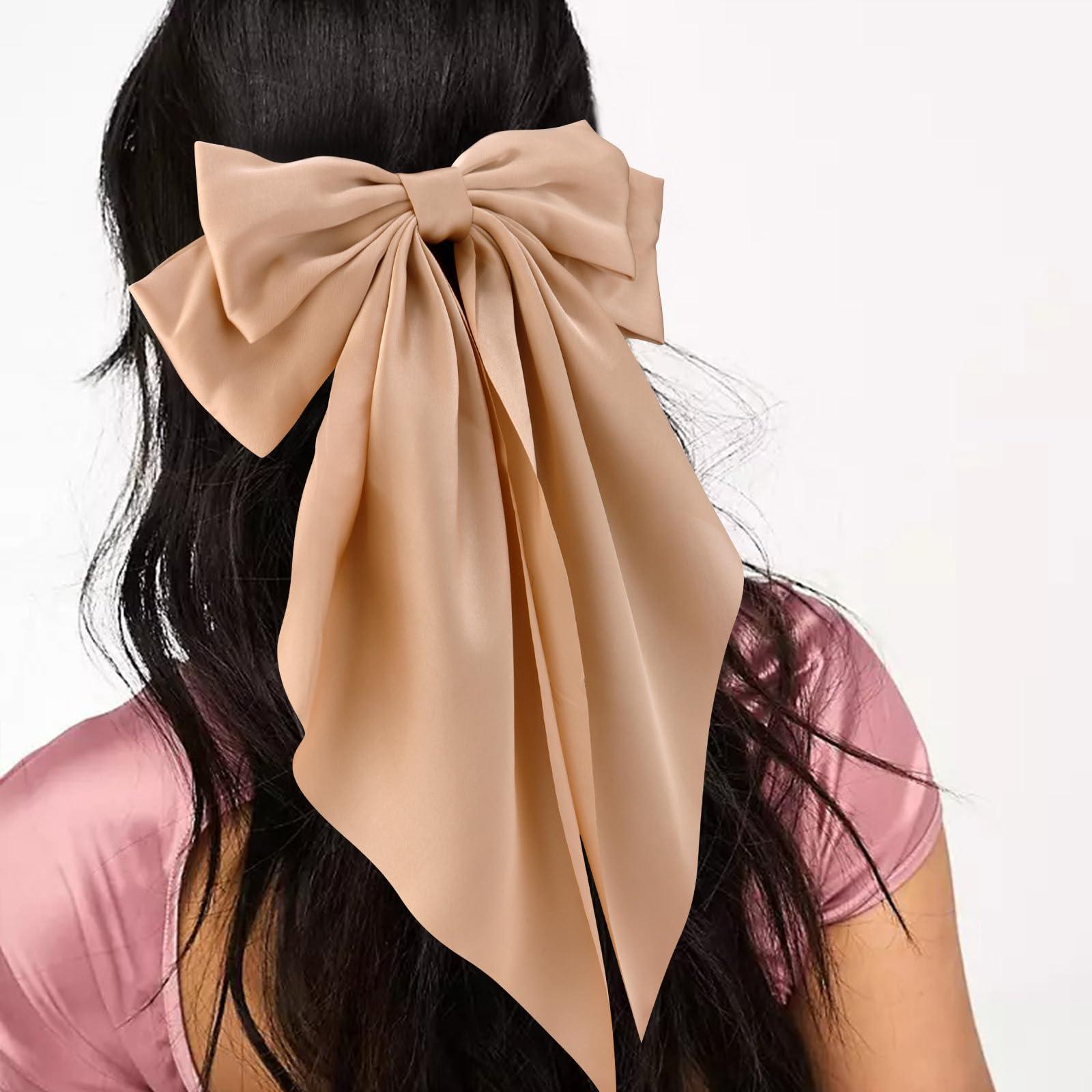 VELSCRUN Velscrun Hair Bows for Women Girls 3Pcs Brown Series Hair Bow Big Hair Bows Clip Silky Satin Large Hair Ribbons Oversized Long Tail Hair Bows Hair Barrettes Hair Accessories Gifts for Sisters