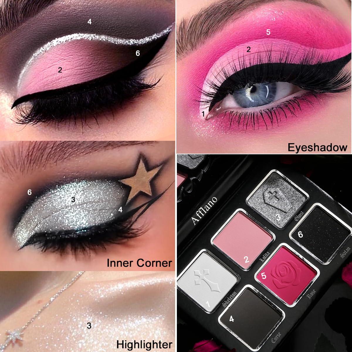 Afflano Afflano Pink Goth Eyeshadow Palette, Pink Smokey Eyes Makeup Eyeshadow Pallet With Mirror, for Goth Girls and Women Long Lasting Daily Valentine makeup, Dark Emo Halloween Clown SFX Gothic Looks