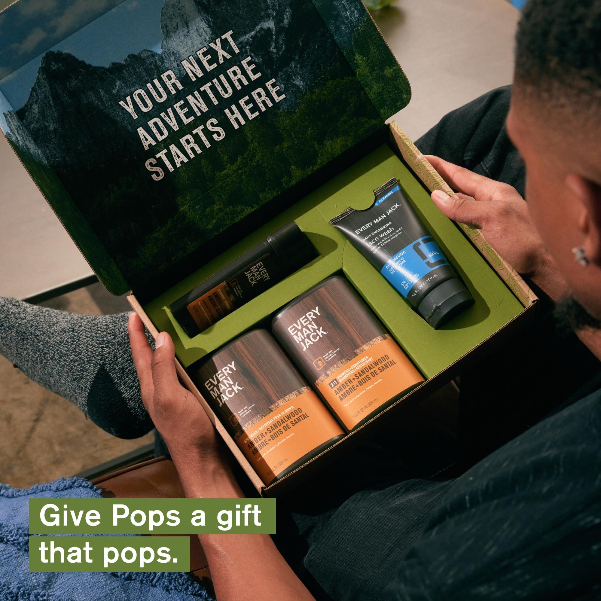Every Man Jack Every Man Jack Mens Amber + Sandalwood Bath and Body Gift Set - Clean Ingredients & Sandalwood, Amber, and Vetiver scent - Round Out His Routine with Body Wash, 2-in-1 Shampoo, Deodorant & Face Wash