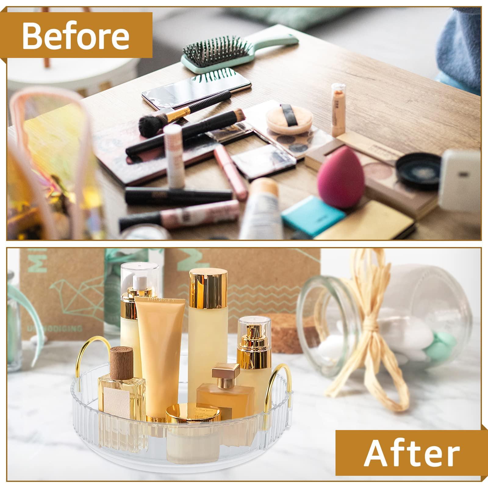 SHASUXTING SHASUXTING 360 Rotating Makeup Organizer with Metal Holder Large Capacity Makeup Carousel Holder Reusable Turntable Cosmetics Organizer Delicate Rotating Vanity Tray Makeup Stand for Dresser