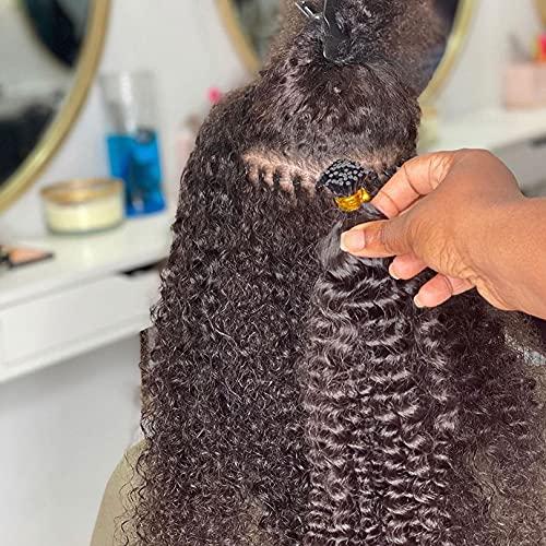 RJ HAIR Pre Bonded I Tip Hair Extensions Malaysian Kinky Curly Human Hair Extension Micro-link I Tip Curly Hair For Salon (16inch 100strand, 1 Jet black)