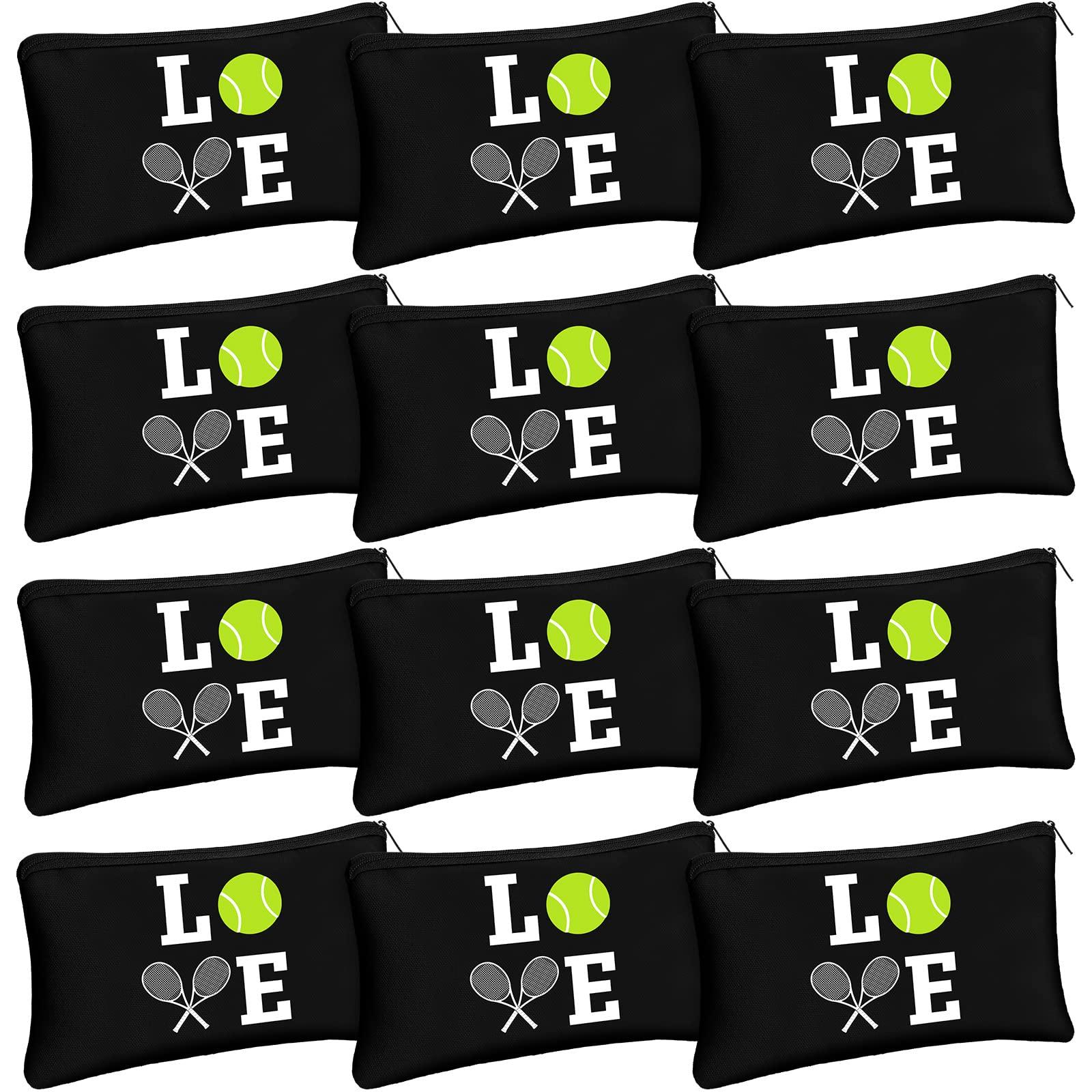 Moukeren 12 Pieces Tennis Makeup Bag Cosmetic Bag with Words Tennis Travel Storage Bags Portable Storage Case Toiletry Bag Accessories with Zippers for Tennis Players Teams Women Girls (Black)
