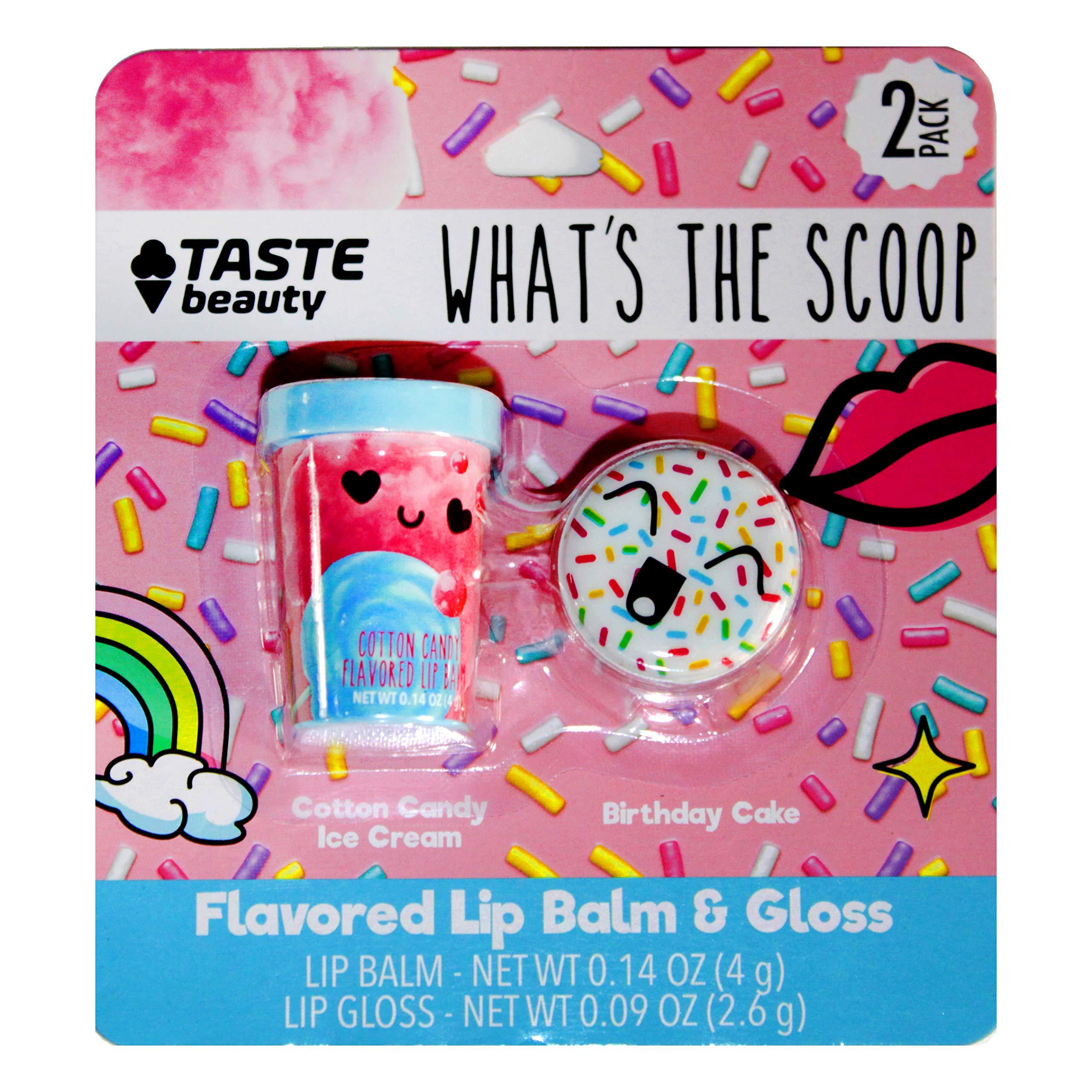 Taste Beauty Taste Beauty (1) Pack"What's The Scoop" Flavored Lip Balm & Gloss - Cotton Candy Ice Cream & Birthday Cake - 2 Figural Containers - Ice Cream Tub & Cake Shaped