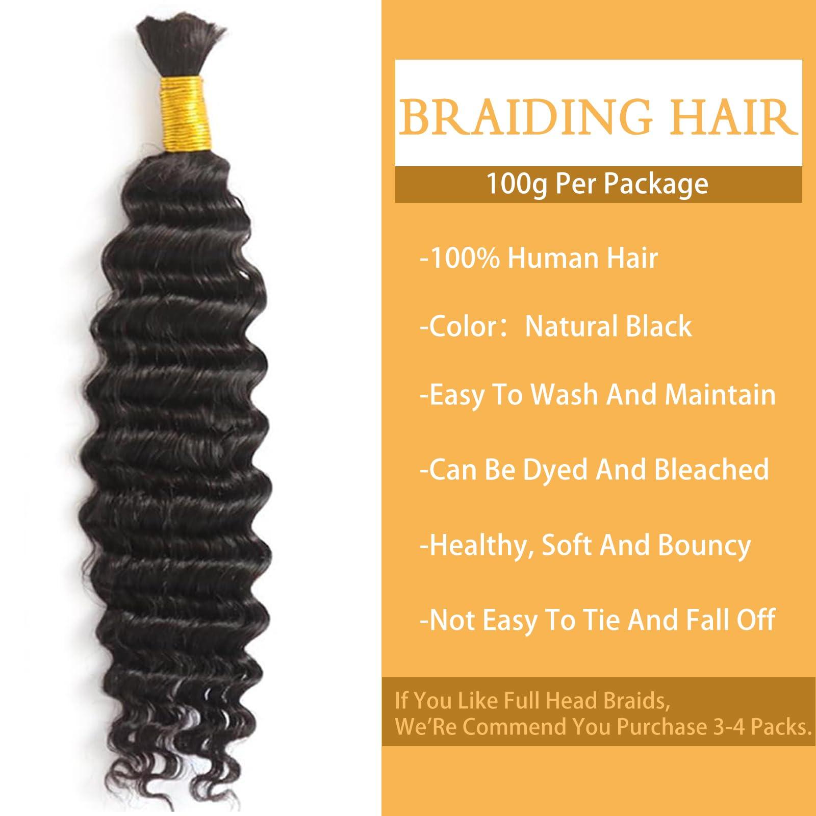 KISS HAIR Human Braiding Hair 1 Bundles/Pack 100g 22 Inch Deep Wave Curly Bulk 100% Human Hair for Braiding No Weft 10A Brazilian Virgin Human Hair Extensions for Boho Braids Natural Black Wet and Wavy
