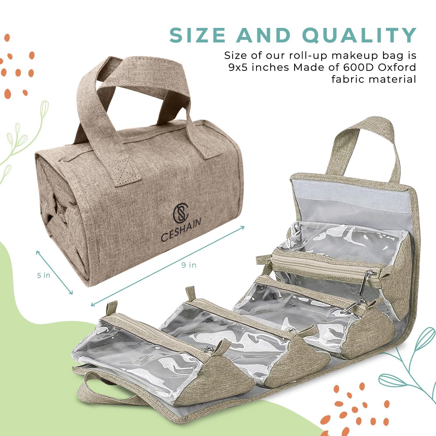 Ceshain 4-in-1 Hanging Toiletry bag - Roll-Up Makeup Bag - 4 Detachable PVC Zip Pouches 600D Oxford Fabric, Versatile Travel Toiletry Organizer Bag - Makeup, Cosmetics, First Aid, Medicine Personal Care,