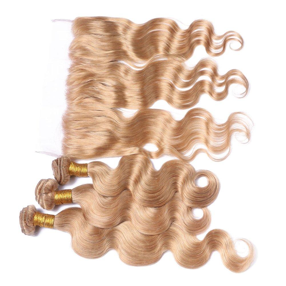 Tony beauty hair Tony Beauty Hair Honey Blonde Full Lace Frontal Closure With Bundles #27 28" 28" 30" 3 Bundles Malaysian Hair Bundles Body Wave And 24" Lace Front Closure Blonde