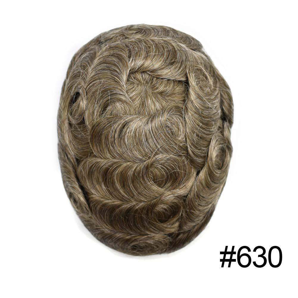 Fancyhair Mens Toupee Human Hair Replacement Systems Full French Lace Toupee For Men European Remy Human Hair Pieces All Swiss Lace Grey Brunette Blonde Wavy Mens Wig Unit 8\"x10\" #630 Light Brown with 30% Gray-100% density