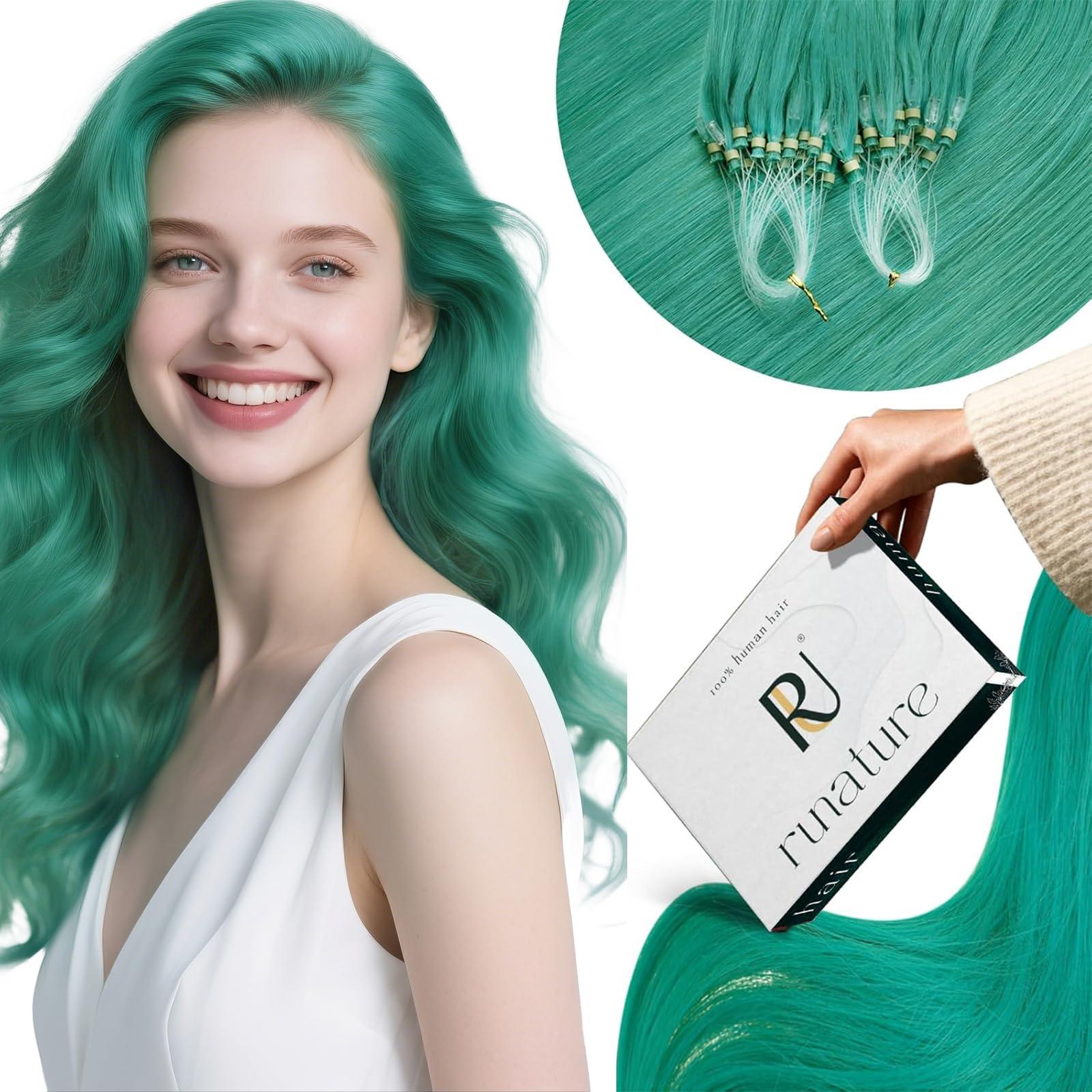 RUNATURE RUNATURE Teal Micro Link Hair Extensions Human Hair Teal Micro Hair Extensions Full Ends Micro Loop Hair Extensions Real Human Hair Natural Teal Hair Extensions Micro Link Straight 18 Inch 25g 25s