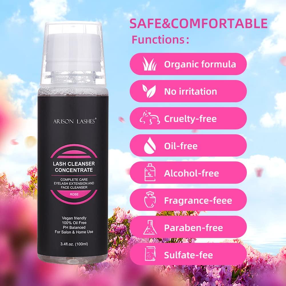 ARISON LASHES Eyelash Cleanser Concentrate 100ml Professional Lash Extensions Shampoo Natural Foaming Cleanser for Extensions Lashes with Salon Home Care-Makes 10 Bottles 60ml Eyelash Shampoo(Rose)