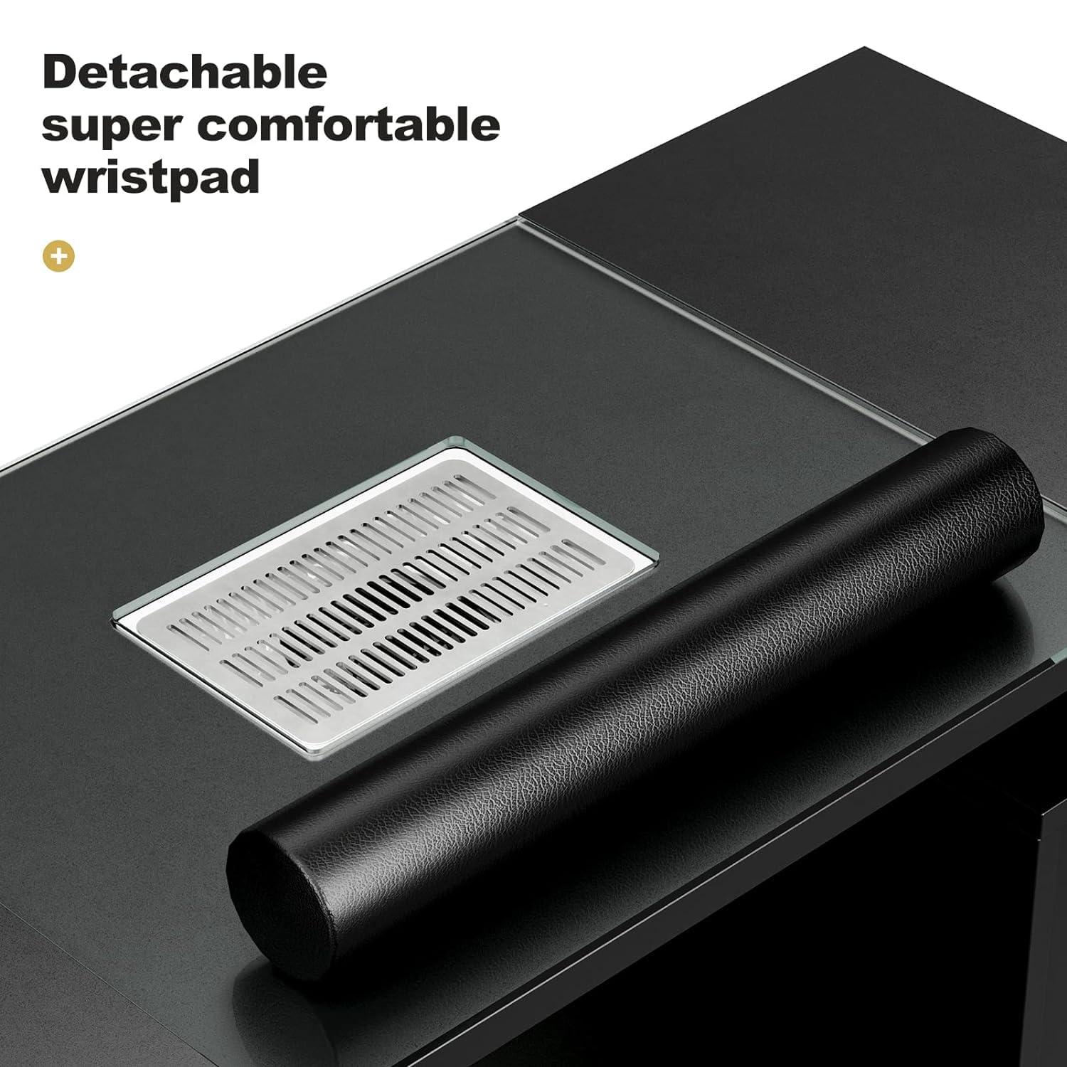 Paddie Paddie Manicure Table Set, Glass Top Nail Makeup Desk Nail Table Station with No Wheels Chair Set for Nail Tech w/Electric Downdraft Vent, Wrist Cushion, Lockable Wheels,Wooden HandlesBlack-Combo