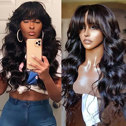 RHEANNA RHEANNA Bang Wig Human Hair 180 Density Brazilian Wavy Wig With Bangs For Black Women O Scalp Top Full Machine Made Wig 18inch
