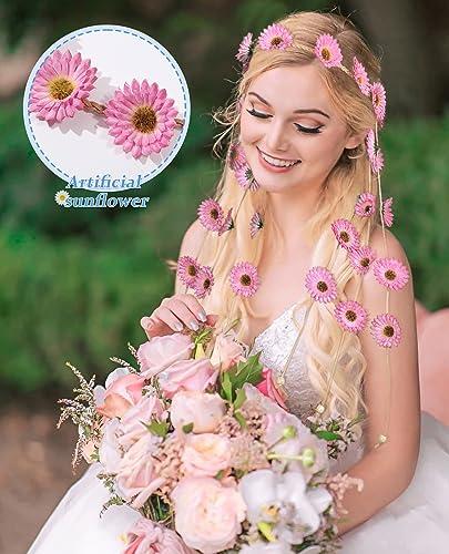 CHLINS CHLINS Hippie Headband Flower Crown Bohemian Sunflower Headband Flower Headpiece Hippie Costume 60s 70s Outfits for Women (Pink)