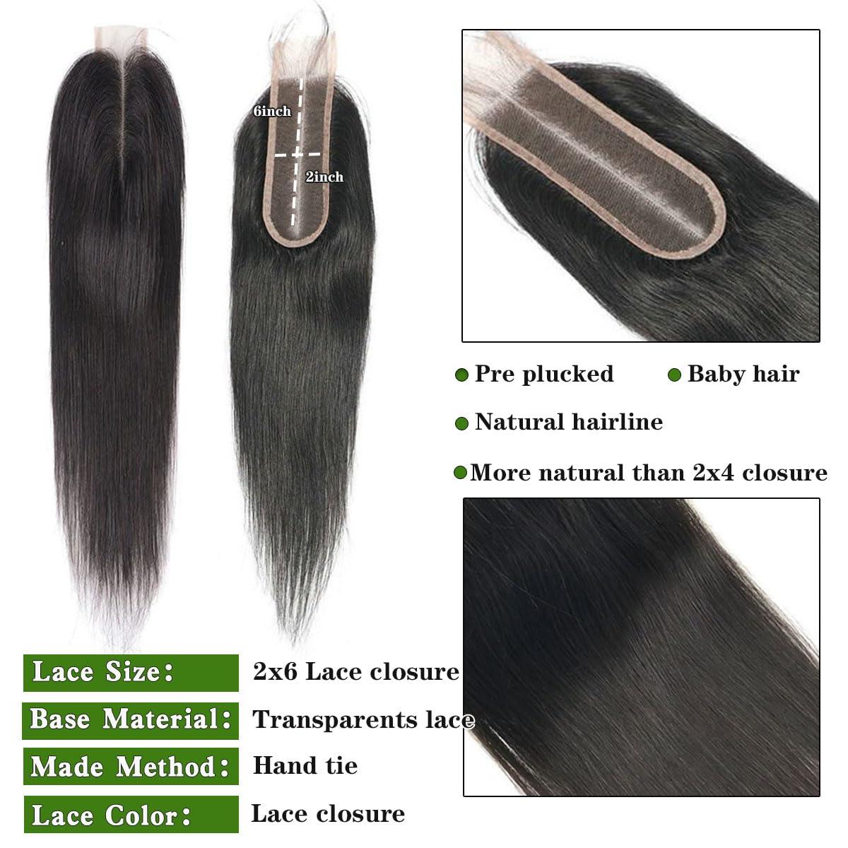 Phipeme 2x6 Lace Closure Human Hair Straight Long Deep Parting KIM K Closure Brazilian Virgin Human Hair Transparent Lace Closure Tiny Knots 2 By 6 Closure Pre Plucked with Natural Hairline