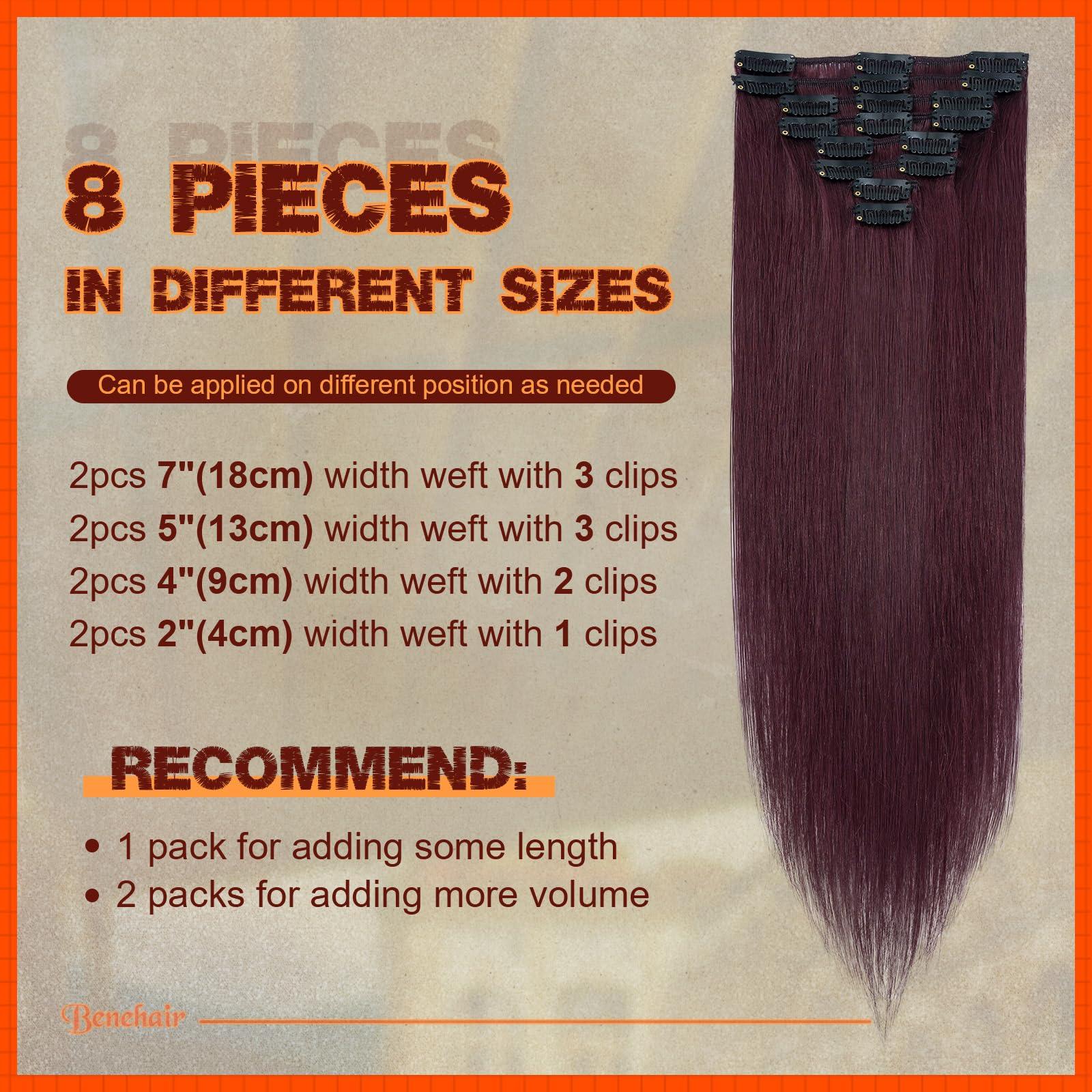 Benehair Real Hair Extensions Clip in Human Hair Wine Red 24inch 8pcs 18 Clips Human Hair Clip in Extensions for Women No Tape No Glue Clip ins #99J