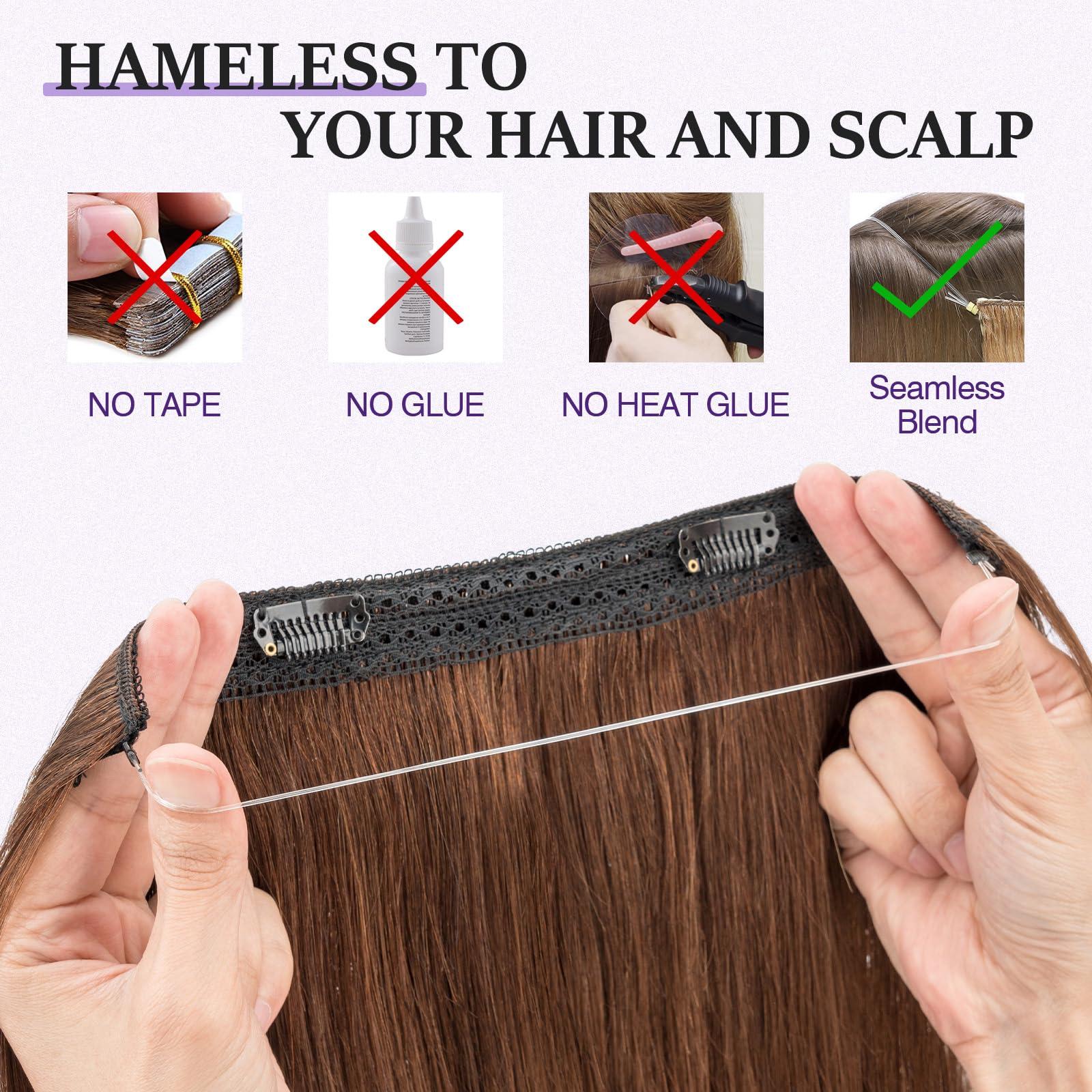 prokyvity Halo Hair Extensions Real Human Hair,Prokyvity Halo Hair Extension 100% Human Hair,Halo Extensions Real Human Hair,Human Hair Halo Extensions,Halo Hair Extension,Halo Extension 04 Medium Brown 16inch