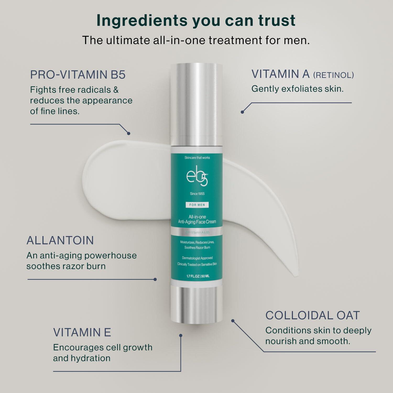 eb5 eb5 Mens All-in-one Anti-Aging Face Cream | Formulated with Retinol, Vitamins E, B5, and A to Moisturize, Reduce Lines and Soothe Razor Burn - 1.7 Fl Oz