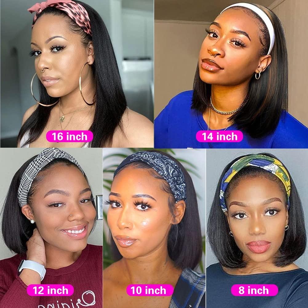 losta losta Bob Headband Wig Human Hair Glueless Bob Wigs Human Hair Wear and Go Guleless Wigs for Black Women Straight Bob Human Hair 180% Density 10A Brazilian Human Hair Headband Wig(14in)