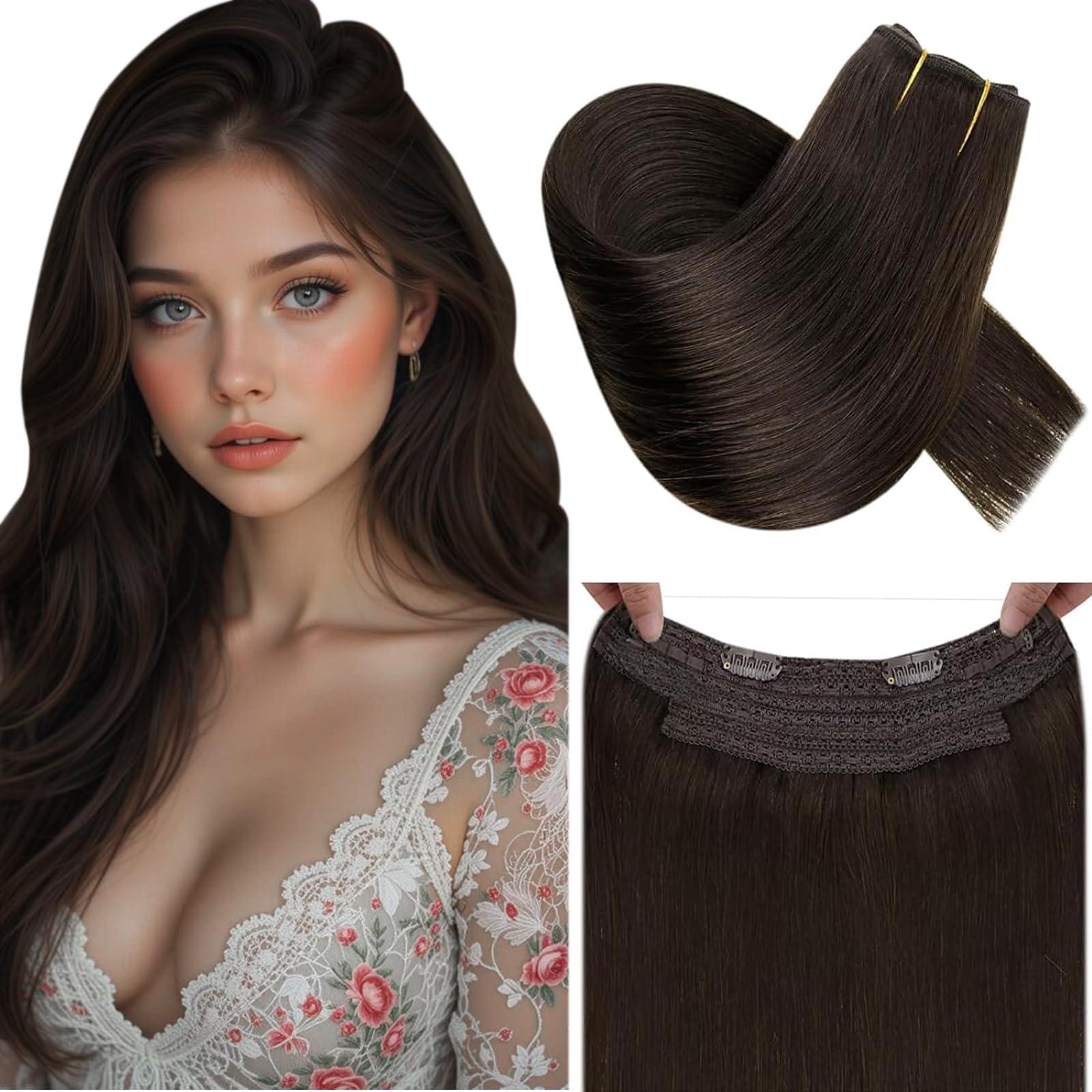 RUNATURE RUNATURE Invisible Wire Hair Extensions Real Human Hair Dark Brown Hair Extensions Clip in One Piece Extensions Soft Remy Natural Hair Straight Fish Line Extensions 14 Inch 70g