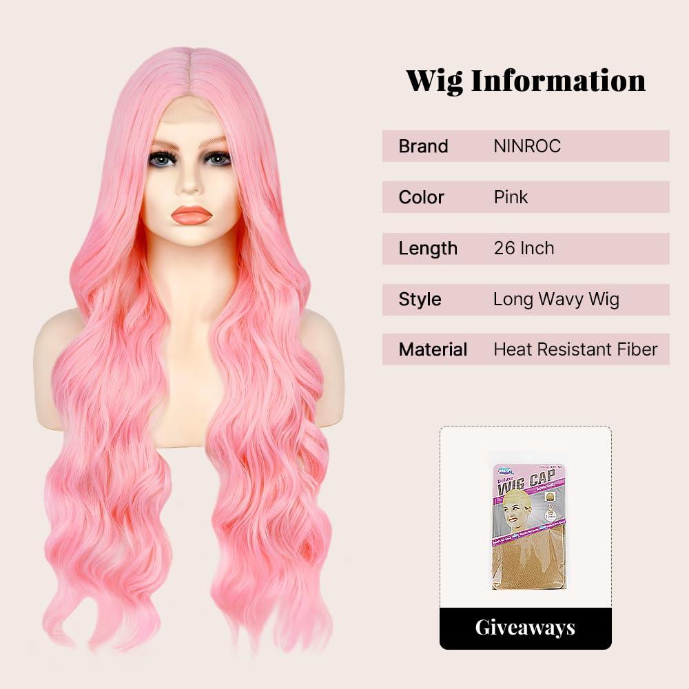 Ninroc Ninroc Pink Wigs For Women, Long Wavy Pastel Pink Wig Middle Part Natural Looking Heat Resistant Synthetic Wig for Daily Party Use 26 inches