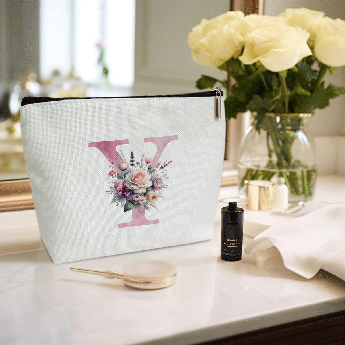 LONLONBANG Initial Personalized Makeup Bag, Monogram Letter V Makeup Bags For Women, 1 Pack Boho Cosmetic Travel Toiletry Bag, Birthday Gifts For Girls Daughter Teens Wife Bride Friend Bestie Sister - L673