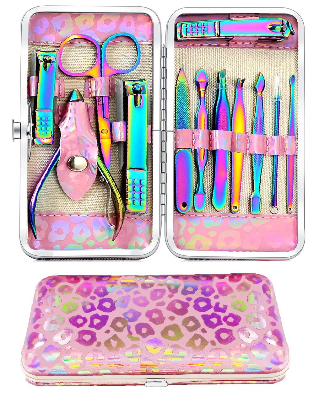 SFYDOM Manicure Set Professional Nail Clippers Kit Pedicure Care Tools- Stainless Steel Women Grooming Kit 18Pcs for Travel or Home (Dot Pattern - Rainbow)