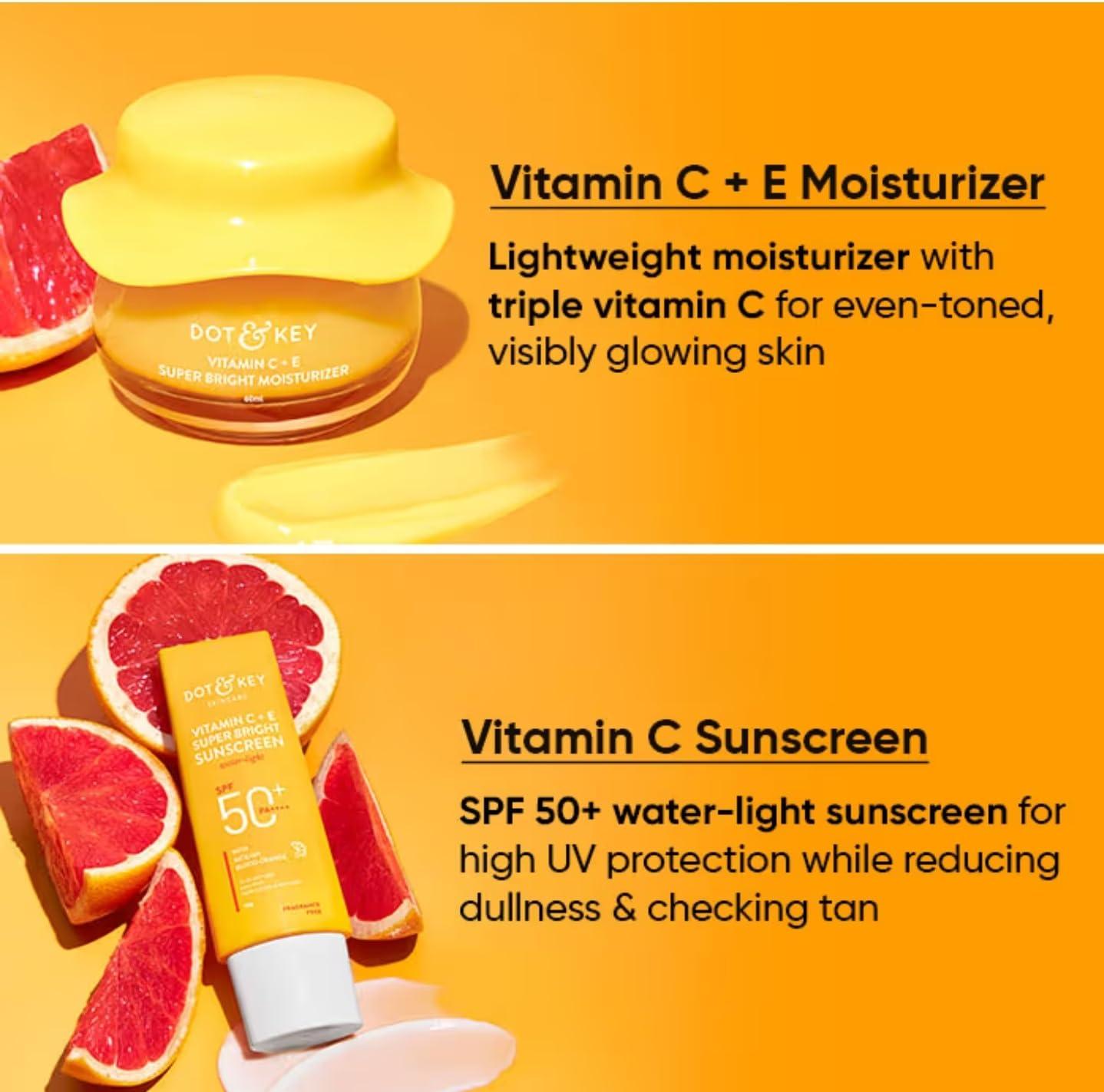 RS.H Global Dot'&'Key Vitamin C + E Complete Skin Care Combo kit | Face Wash (100ml), Face Serum (30ml), Moisturizer (60ml), Sunscreen (50g) | Vitamin C Daily Glow Booster Combo for All Skin Types (Pack of 4)