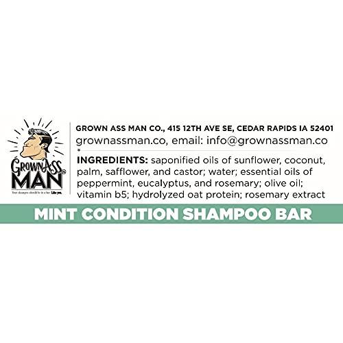Grown Ass Man Co. Grown Ass Man Co. - Solid Shampoo Bar Rich Lather 3 in 1: Hair, Beard & Body Wash - Plastic Free & Eco-Friendly, Natural & Organic Clean for All Hair Types, 4oz Bar (Mint Condition, Single)