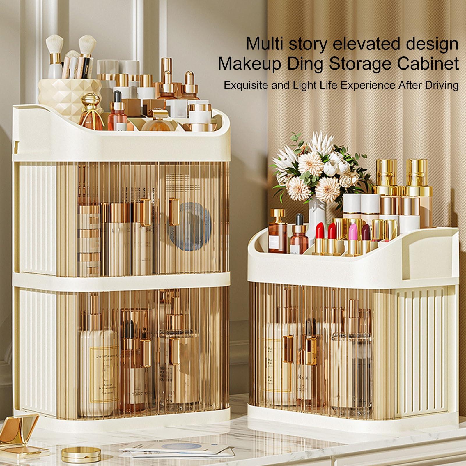 Generic Generic Makeup Storage Box Large Capacity with Transparent Door Multi Compartments Bedroom Desktop Cosmetic Organizer Cosmetics Display Case Beige Dual Layer