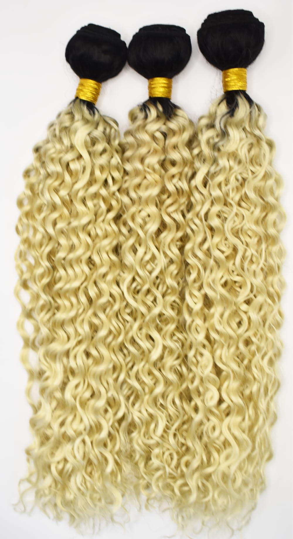 Juesoary Juesoary T1B/613 Curly Wave Brazilian Remy Human Hair Bundles With Baby Hair Hair Weave Unprocessed Virgin Hair Black To Blonde Hair Bundles 16 18 20 Inch