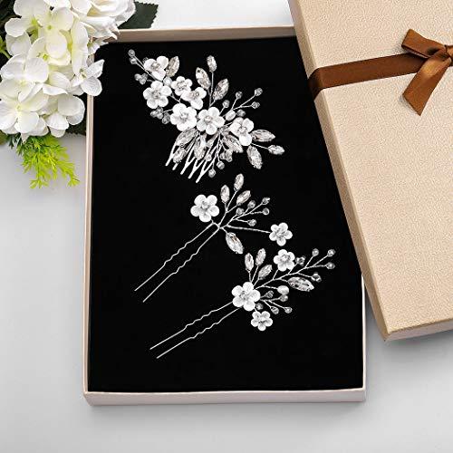 Barode Barode Bridal Wedding Hair Comb Silver Flower Rhinestone Sparkly Crystal Bride Leaf Side Combs Pearl Hair Accessories for Women and Girls (Silver)