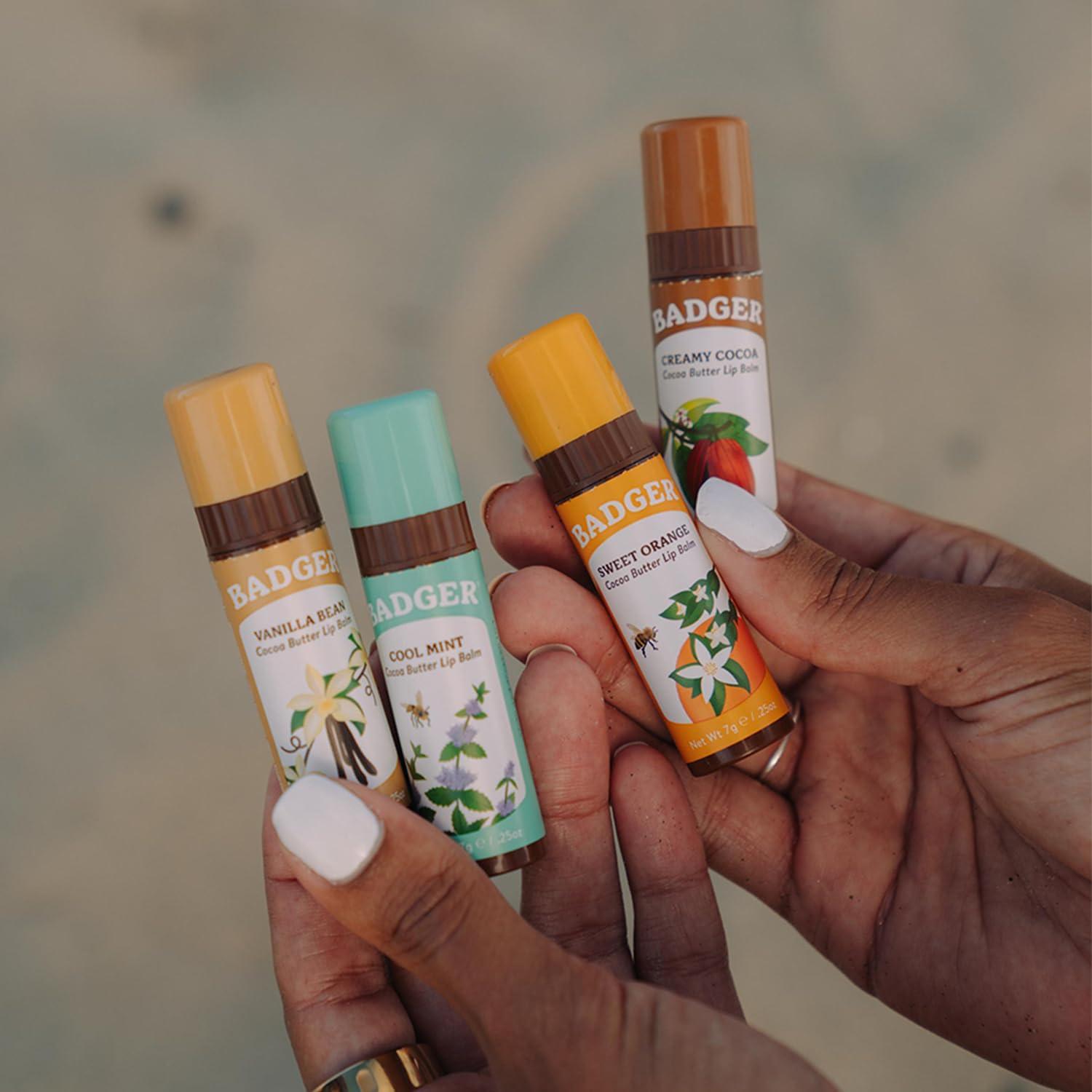 Badger Badger - Cocoa Butter Lip Balm, Sweet Orange, Certified Organic Lip Balm, Fair Trade, Lip Butter, Lip Balm Cocoa Butter, Cocoa Care Lip Balm, 0.25 oz (4 Pack)