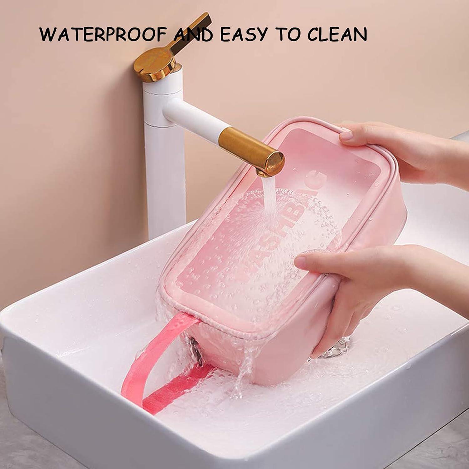 SKYTONE SKYTONE Large Capacity Cosmetic Travel Bag, Women\'s Makeup Travel Bag Portable Leather Cosmetics Bag, Makeup Storage Bags with Handle and Divider, Wide Opening Cosmetic/Makeup Organizer (Light Pink)