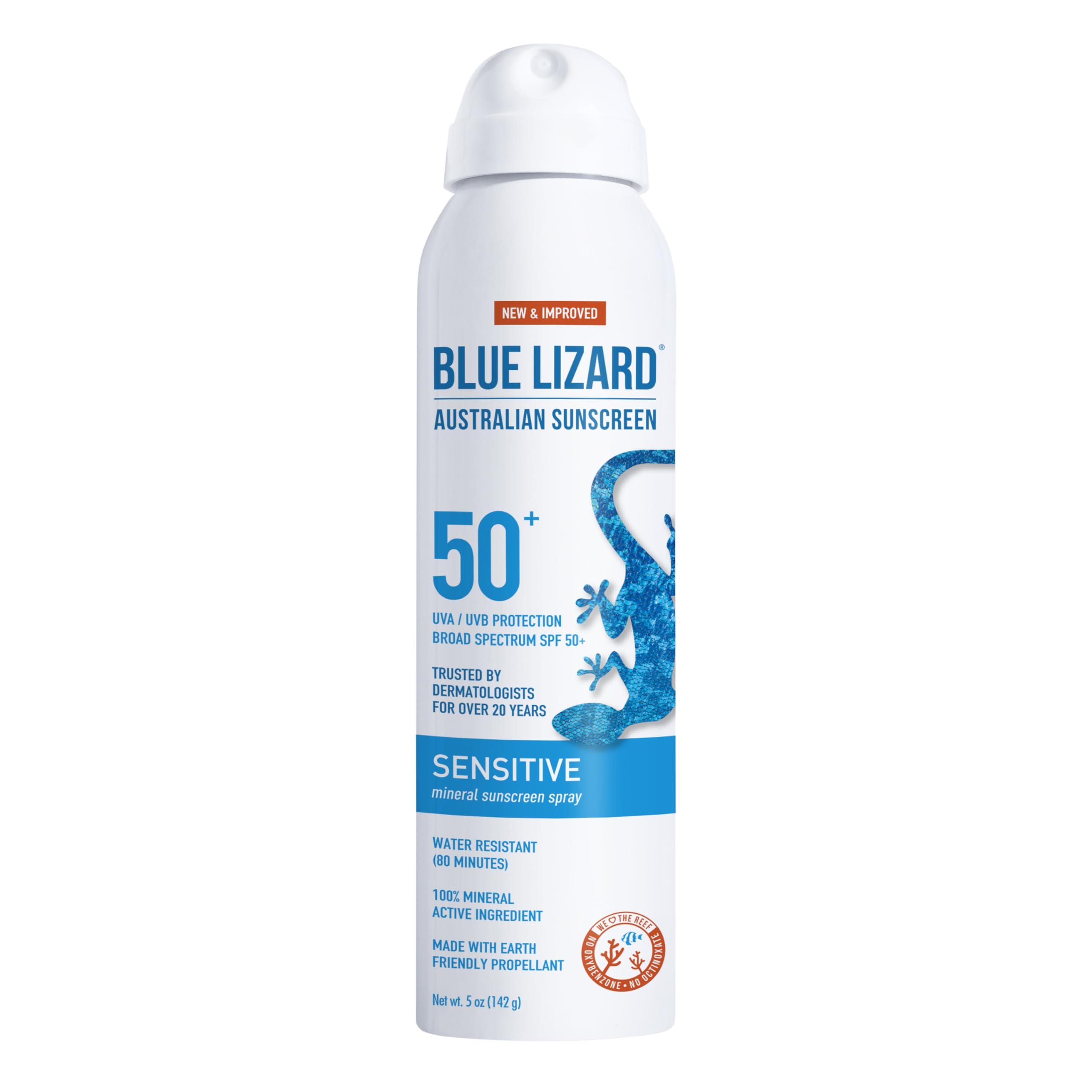 BLUE LIZARD Blue Lizard Sensitive Mineral Sunscreen Spray SPF 50+, Dermatologist-Recommended Brand, Broad-Spectrum UVA/UVB Protection, Water-Resistant, Zinc Oxide Formula, 5 fl oz (Pack of 2)