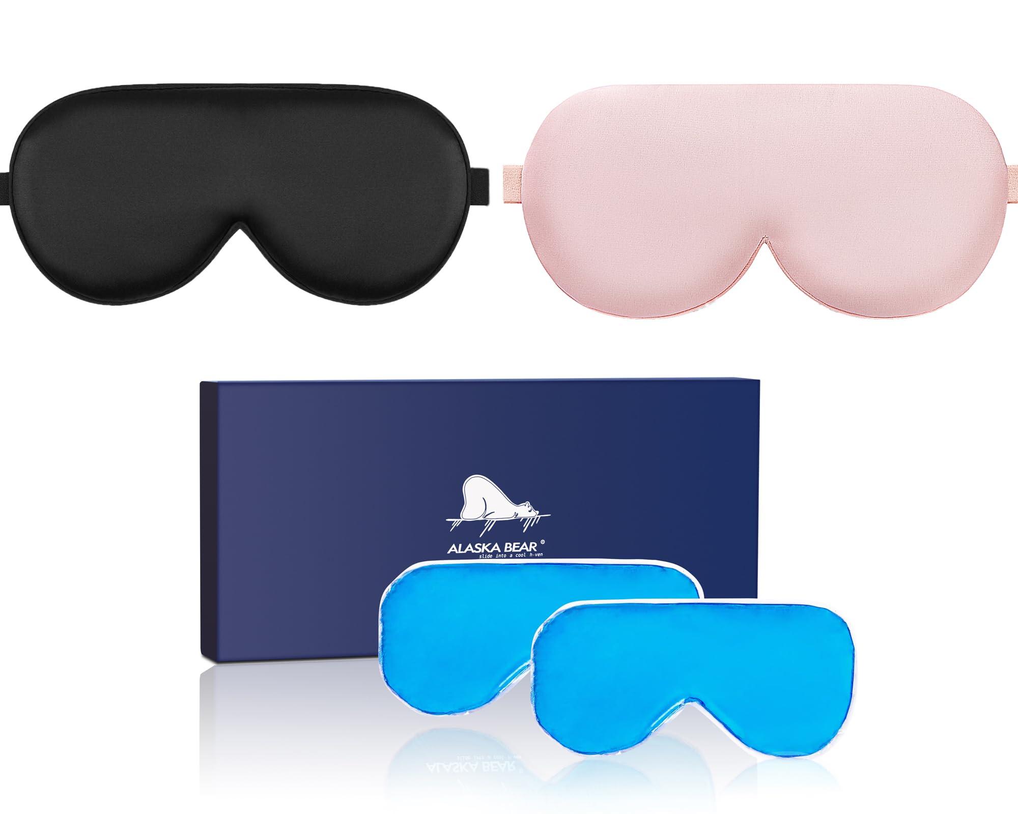 ALASKA BEAR ALASKA BEAR Cooling Gel Eye Mask Weighted Silk Sleep Mask & Cotton Eyeshades Cold & Hot Compress for Pain Relief, 180g Heavy, 2 Set(Black & Pink)
