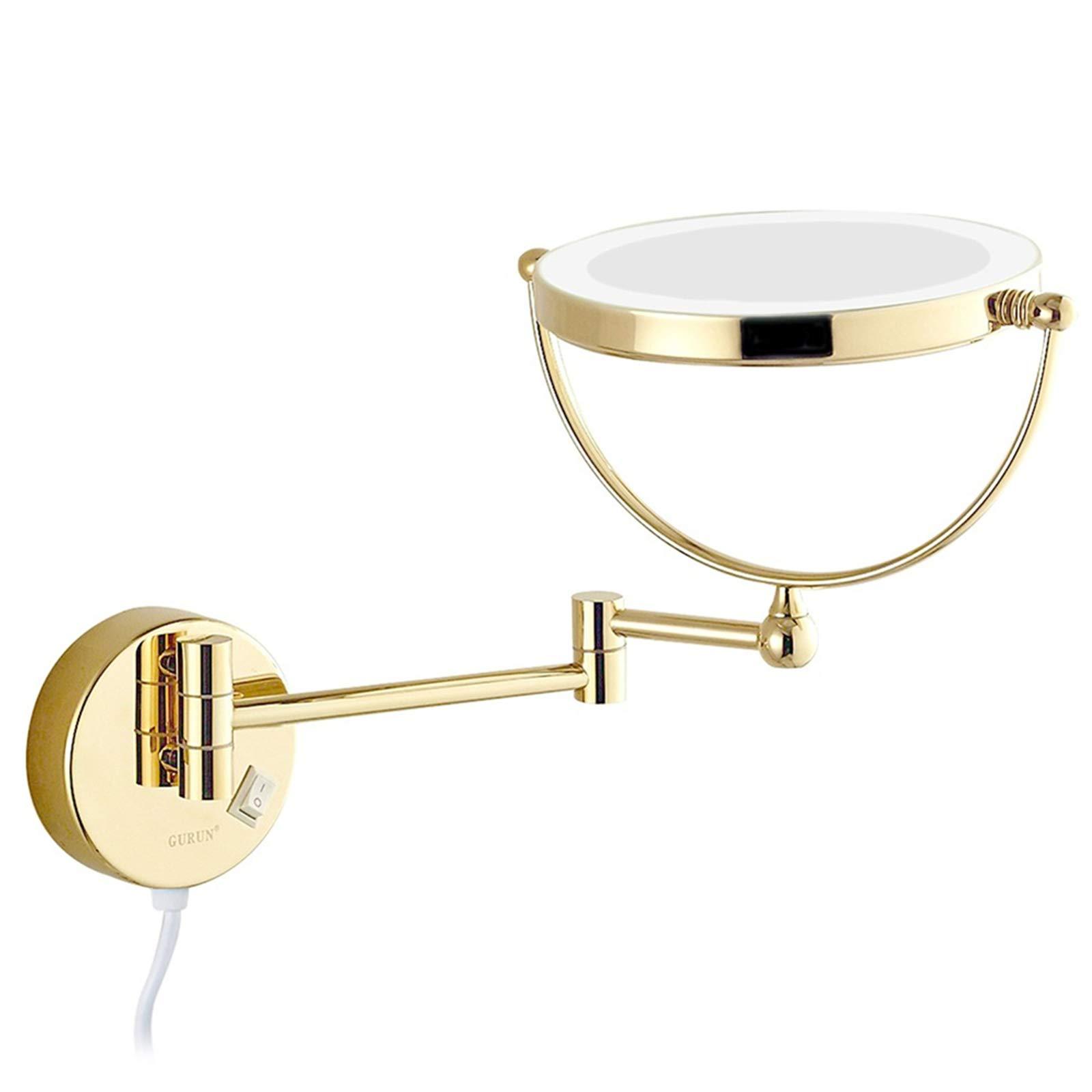 DMNSDD 8 Inch Gold Makeup Mirror, Double Sided Magnification Mirror with LED Light, Bathroom Extendable Wall-Mounted Vanity Shaving Mirror with Switch Plug,10x