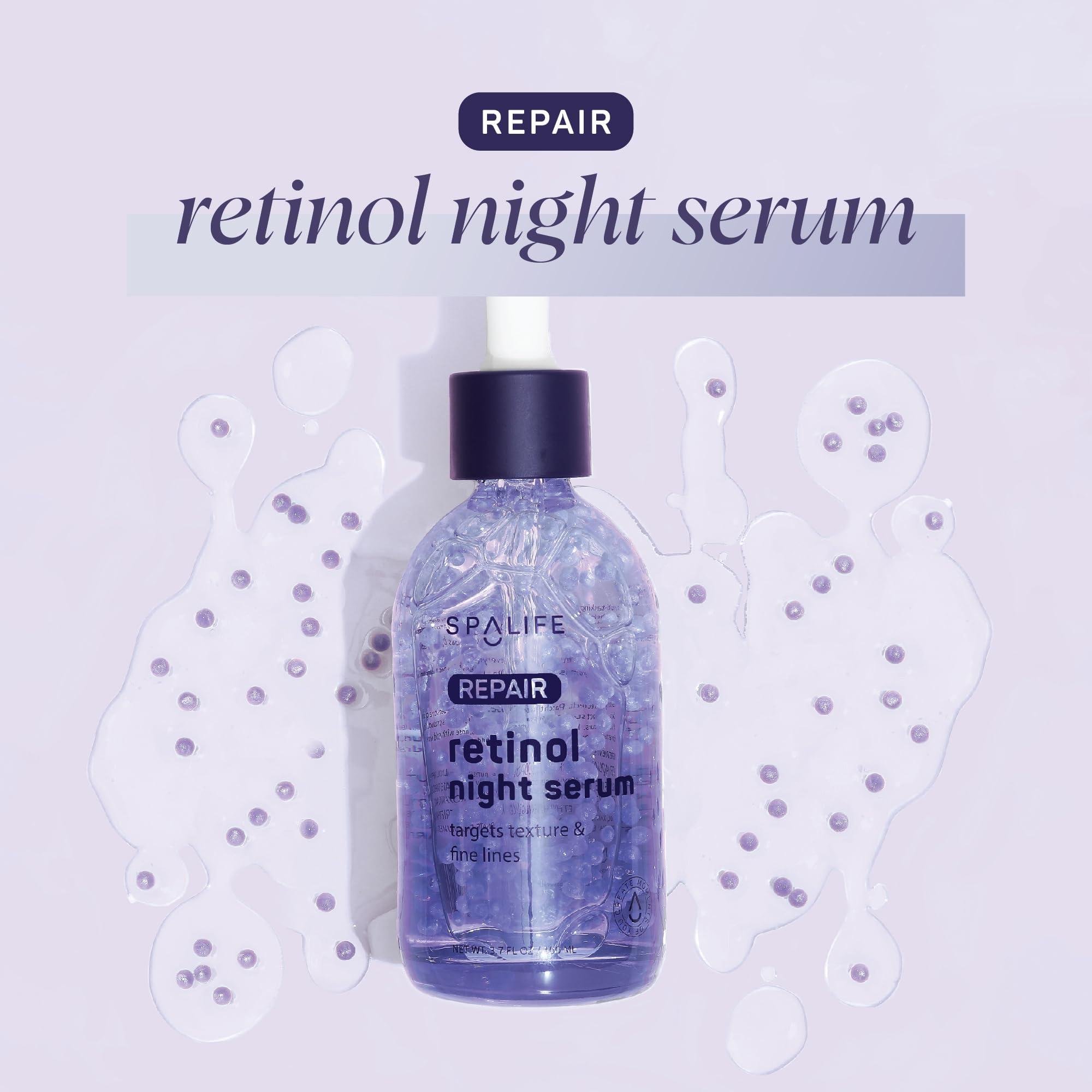 SpaLife Spa Life Face Serum: REPAIR Retinol Night Serum 100 ml (3.7 oz) Smoothing, Resurfacing, Gently Exfoliating - Targets Fine Lines, Texture, Dark Spots - Boosts Cellular Turnover & Clearer Skin