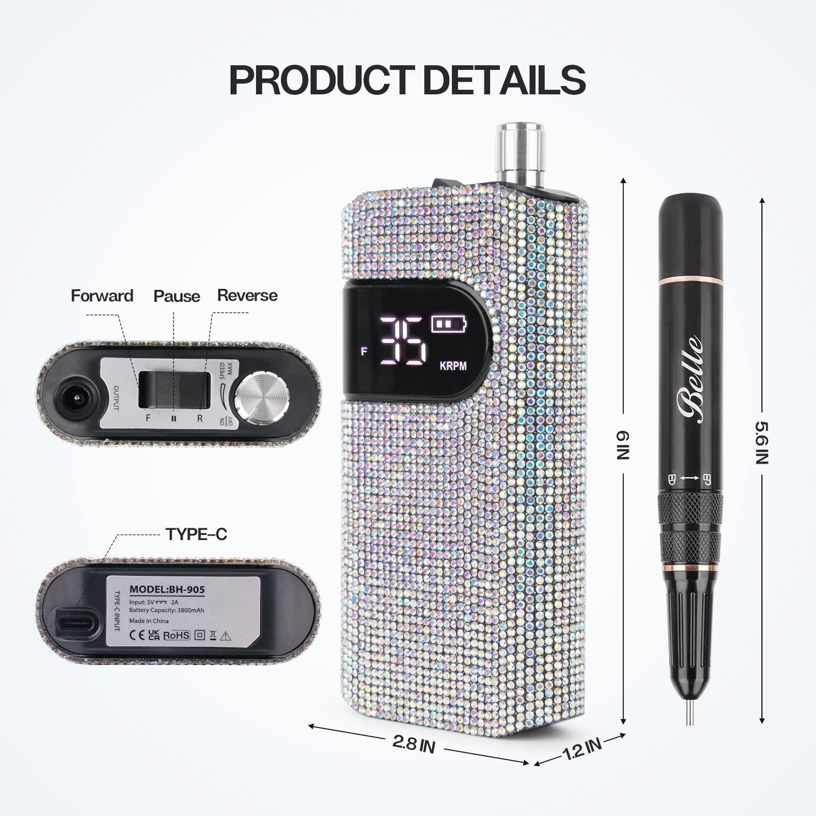 Belle Belle Professional Nail Drill Machine, Sparkly Electric Nail File for Acrylic Nails, UV LED Nail Lamp, 54W Rechargeable Cordless Sparkling Nail Dryer