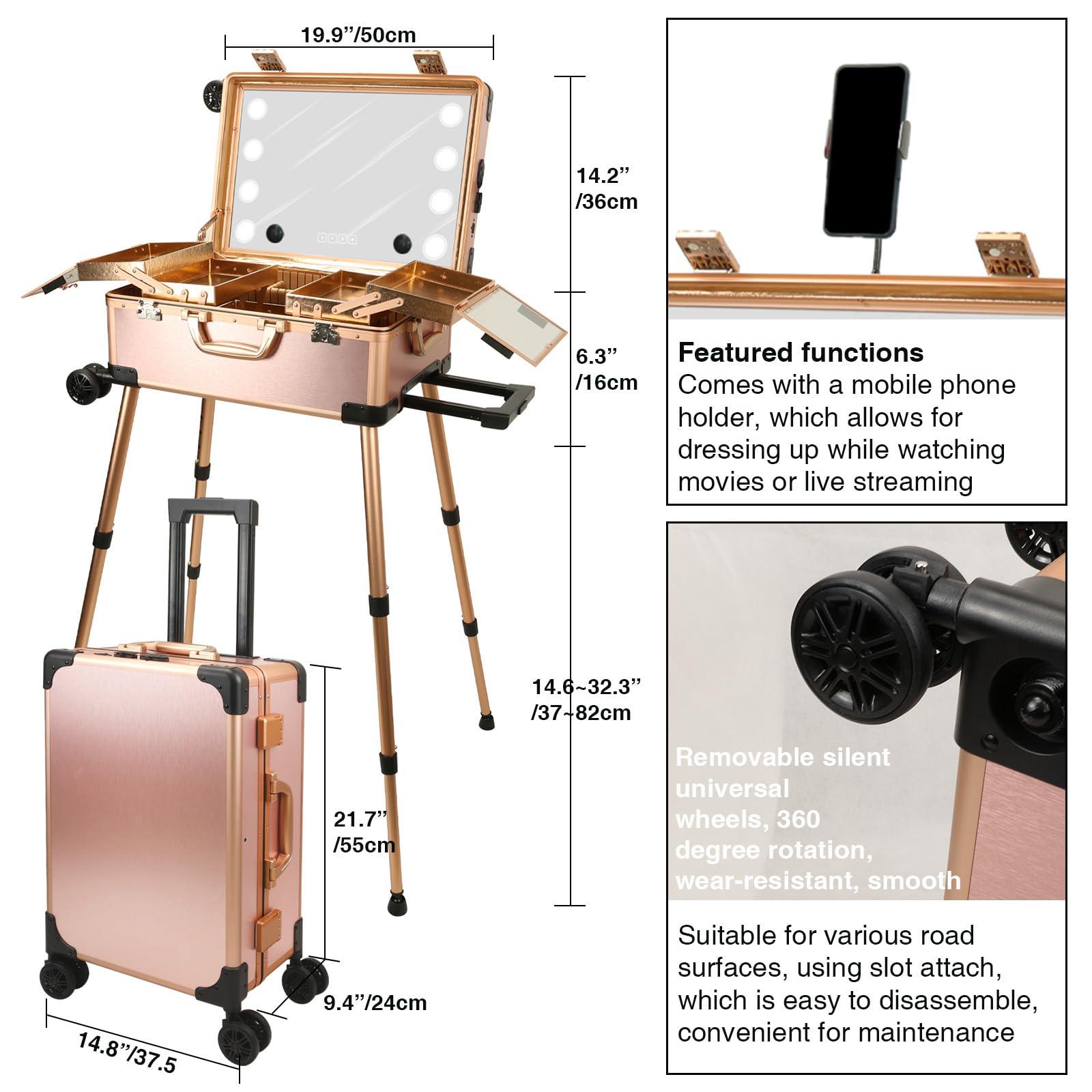 RUKEJUNE RUKEJUNE Rolling Makeup Case with LED Light Mirror Adjustable Legs Lockable Train Table Studio Artist Cosmetic Carry-on Size Rose Gold
