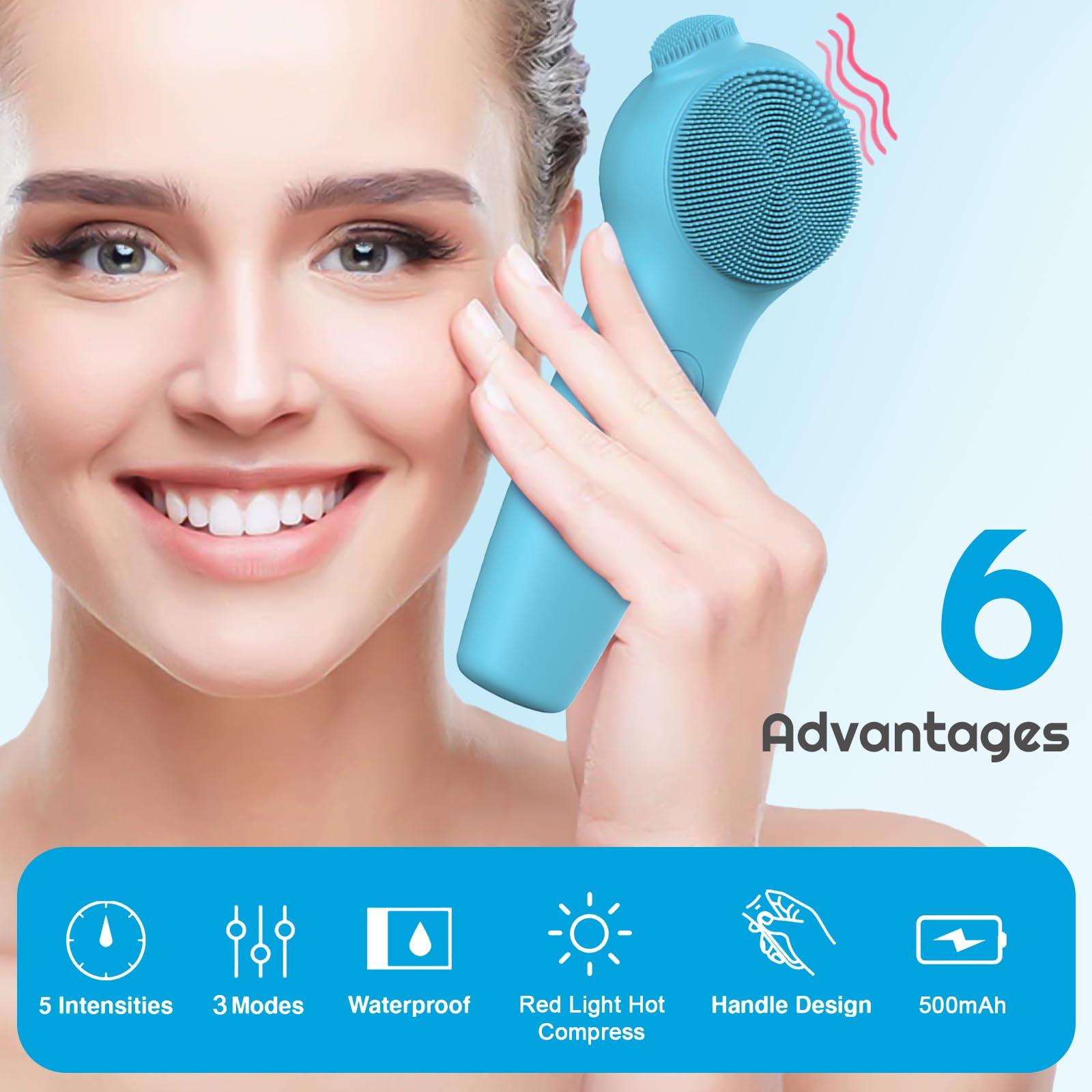 Landmore Landmore Silicone Face Scrubber, Waterproof Facial Cleansing Brush with Red Light Thermal Massage, Electric Face Scrubber with Nose Scrubber Exfoliator for Women/Men Deep Cleansing, Power Exfoliating