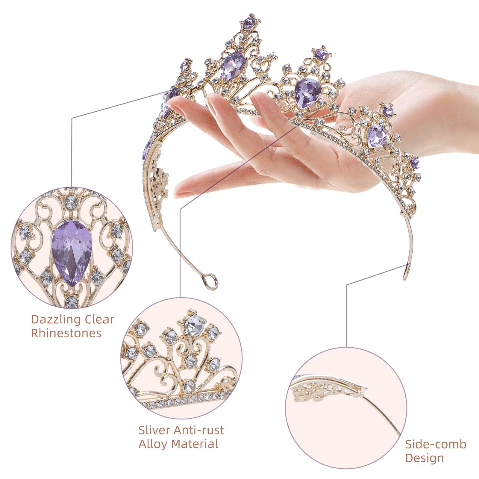 JasperKino Purple Tiara Crown Crystal Purple Rhinestone Princess Bride Wedding, Birthday, Celebration, Party Headband, Purple