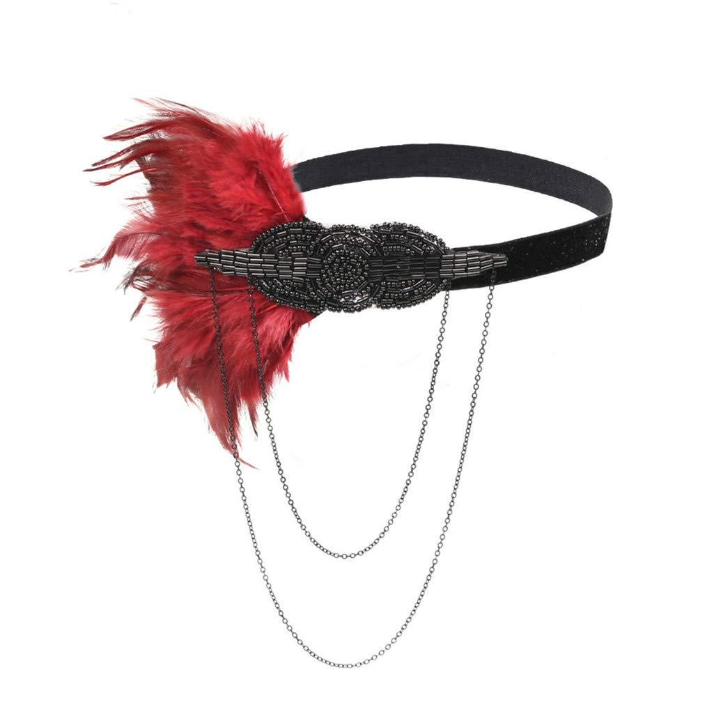 Lovfingu Women\'s Flapper Feather Headband 1920s Art Deco Roaring 20s Great Gatsby Headpiece Gatsby Costume Wine Red