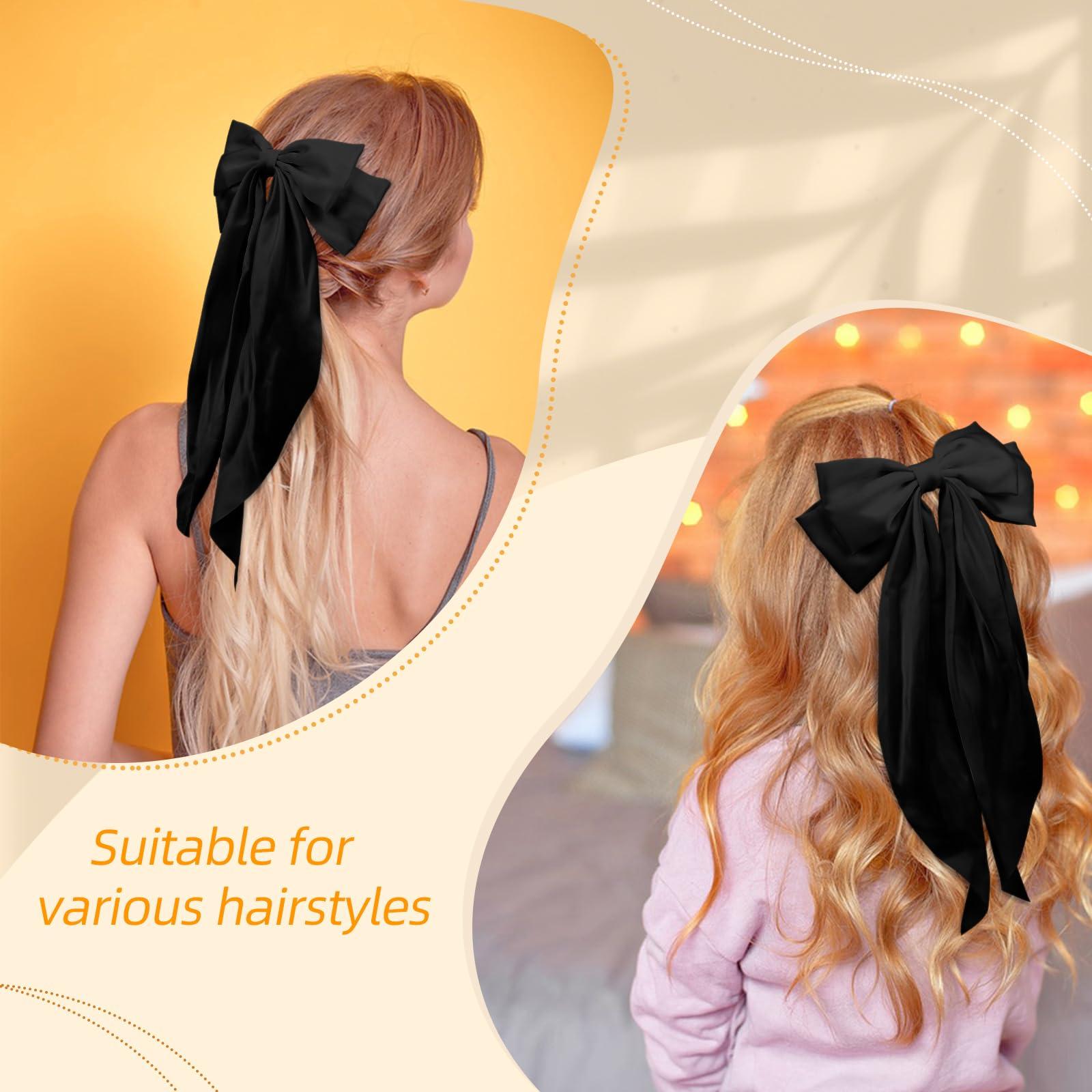 TULOBI Large Hair Bows with Long Tail 2PCS Black Bow Hair Clip with Metal Spring Clamp Soft Satin Hair Ribbon for Women Girls