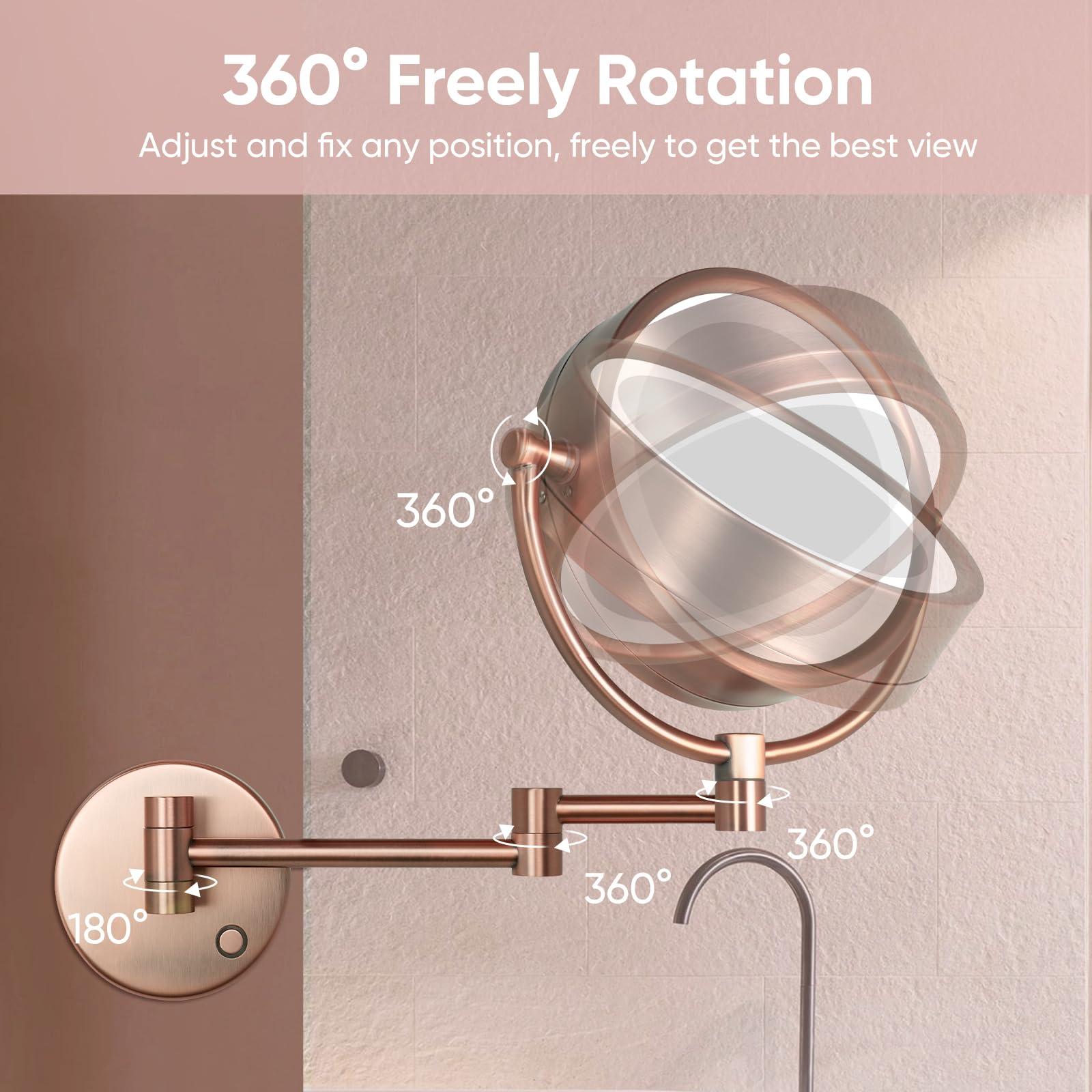 GURUN GURUN Wall Mounted Hardwired Makeup Mirror with 3 Tones Dimmable LED Lights 10x Magnifying Mirror with Touch Control for Bathroom Bedroom 13\" Extendable Arm M1809DB-9x10MR-T(10x,Matte Rose Gold)