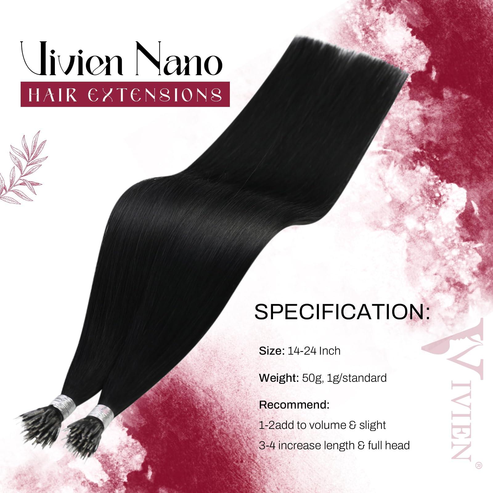 Vivien Vivien 24 Inch Nano Bead Hair Extensions Real Human Hair Jet Black Nano Extensions Human Hair Black Invisible Long Human Hair 50G/50S